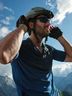 Man in CRIVIT cycling jersey adjusting his helmet with mountain backdrop